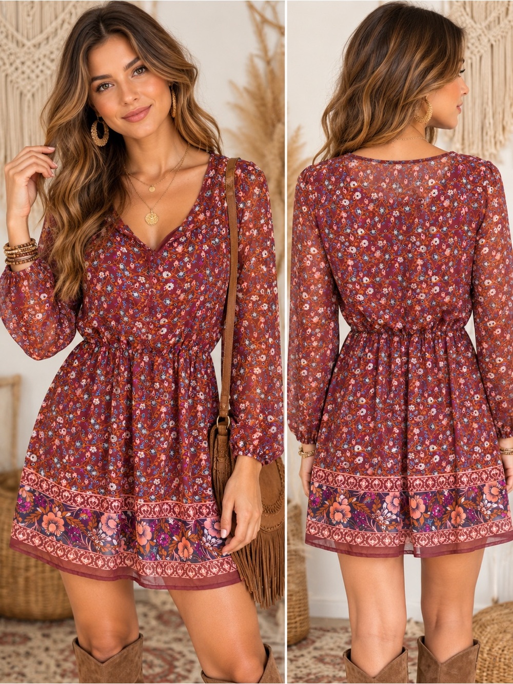 Mudd Small Boho Floral Mini Dress Long Sleeve Burgundy Festival Peasant